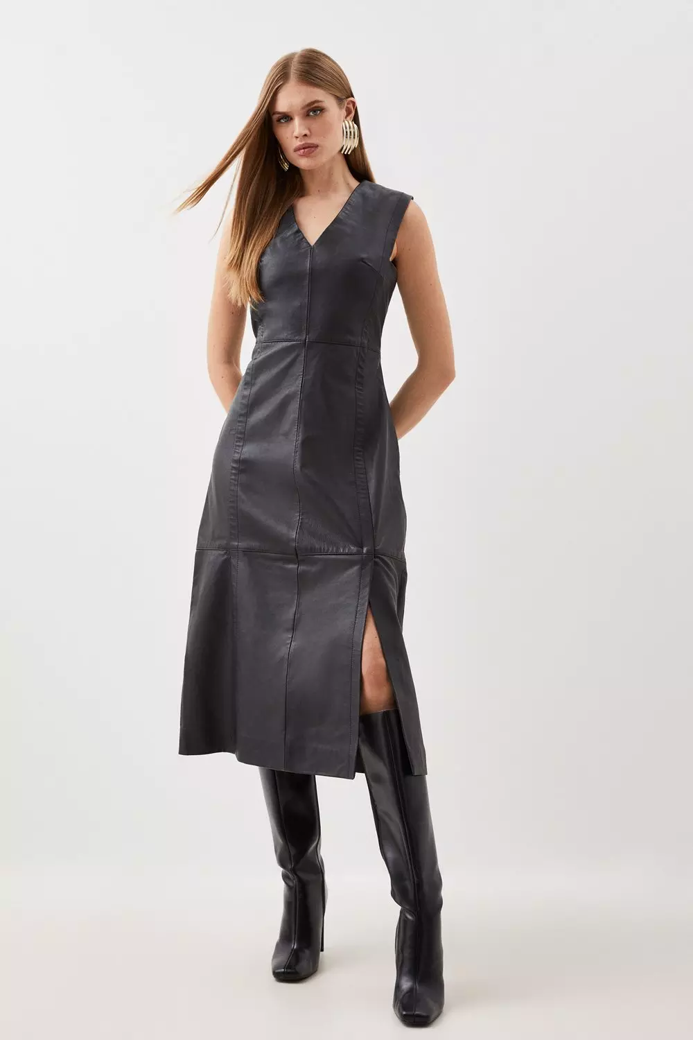 Black Leather Sleeveless Midi Dress  alternative image