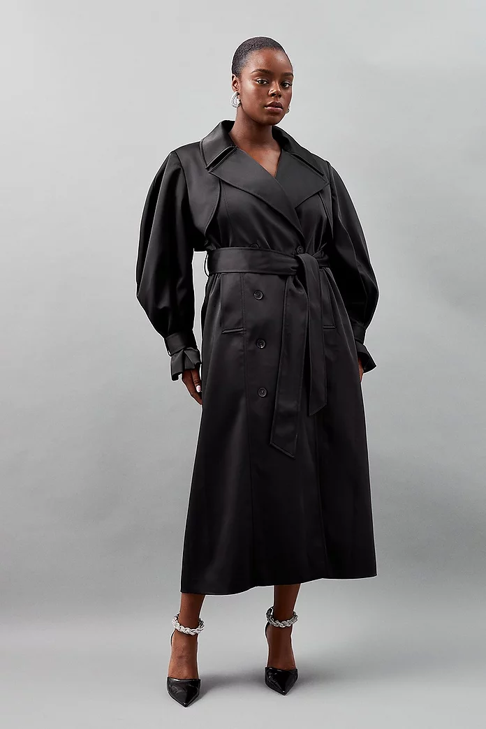 Plus Size Tailored Satin Maxi Belted Trench Coat | Karen Millen Plus Size Tailored Satin Maxi Belted Trench Coat | Karen Millen
