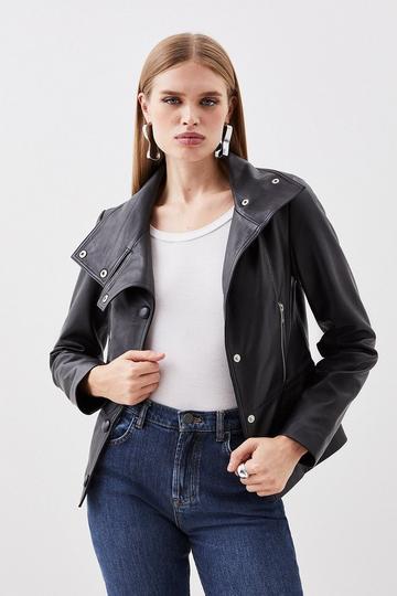 Leather Button Collar Jacket black