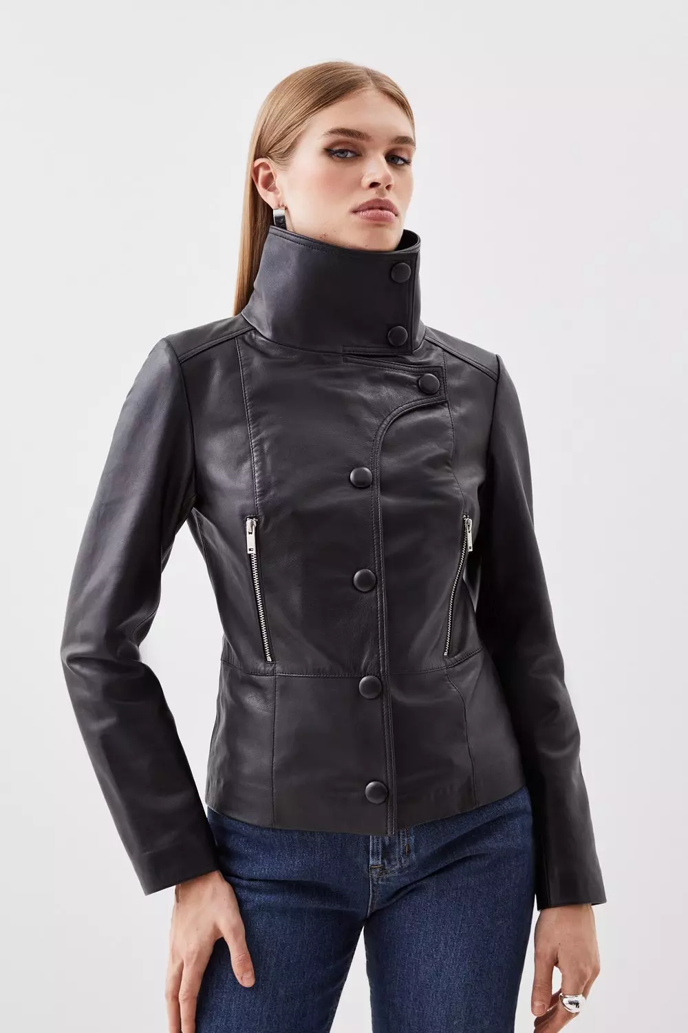 KAREN MILLEN レザー ムートン カフス カラー ジャケット Leather Button Collar Jacket | Karen Millen