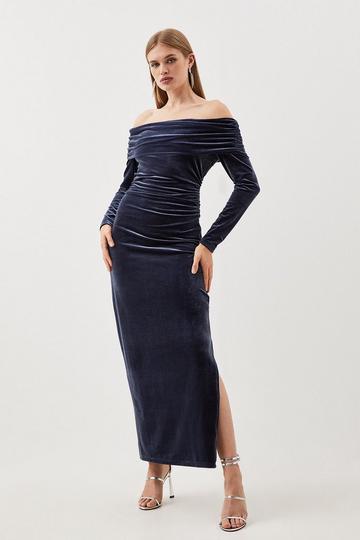 Velvet Jersey Off Shoulder Maxi Dress pewter