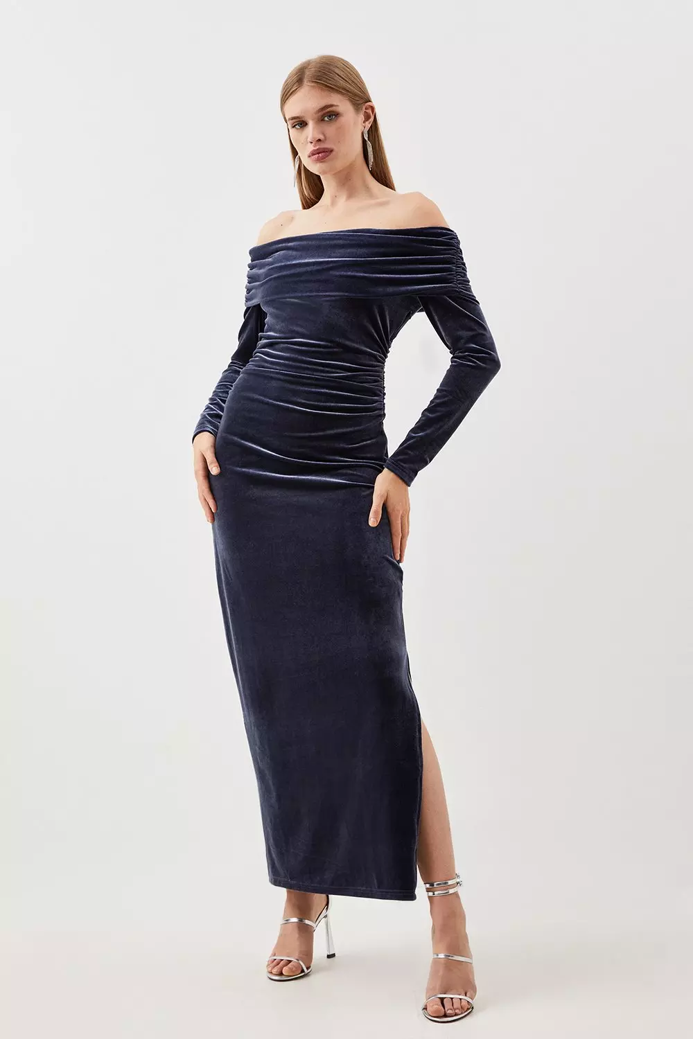 Pewter Velvet Jersey Off Shoulder Maxi Dress  alternative image