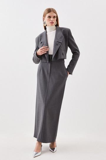 Tailored Compact Stretch Pinstripe High Waist Tab Detail Maxi Skirt grey
