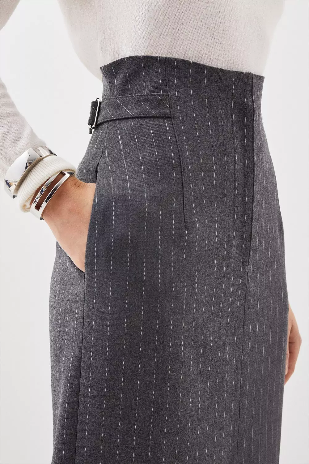 Tailored Compact Stretch Pinstripe High Waist Tab Detail