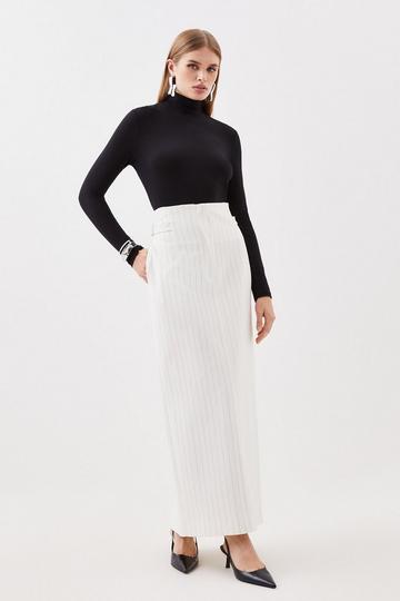 Tailored Compact Stretch Pinstripe High Waist Tab Detail Maxi Skirt ivory