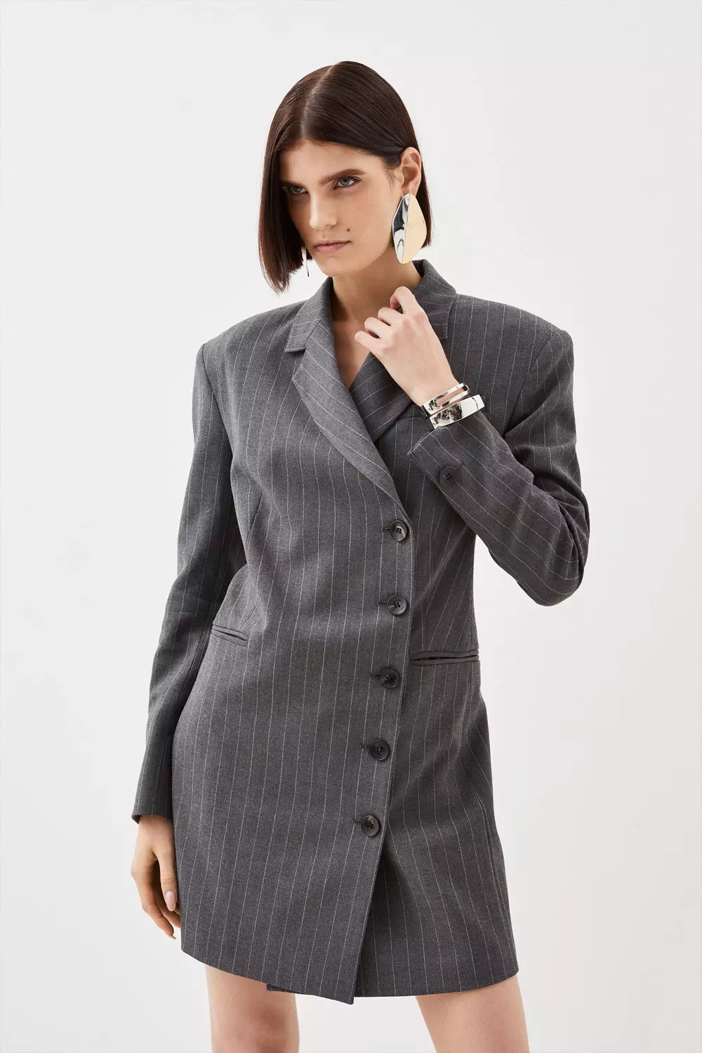 Grey Tailored Compact Stretch Pinstripe Single Breasted Blazer Dress  alternative image