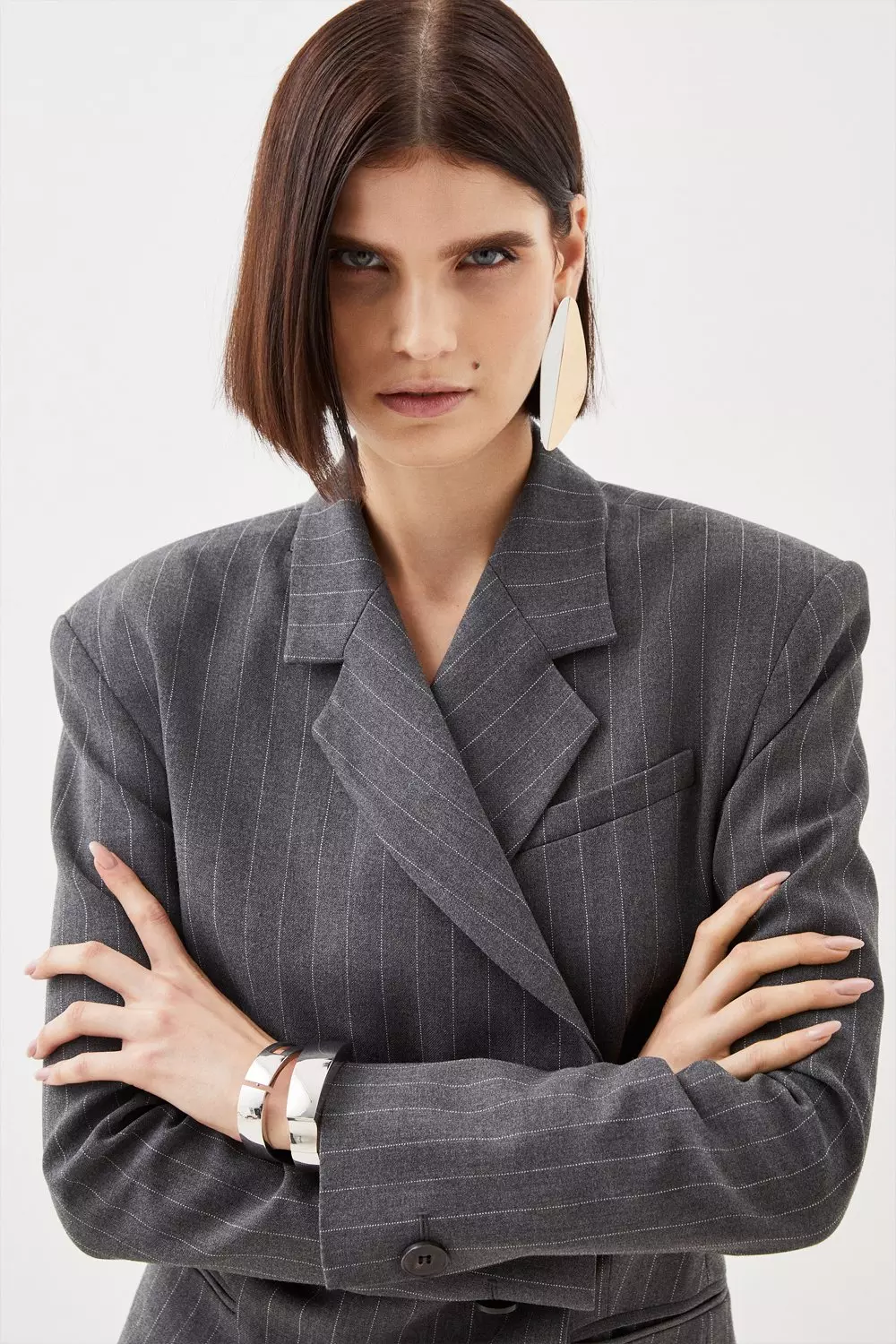 Grey Tailored Compact Stretch Pinstripe Single Breasted Blazer Dress  alternative image
