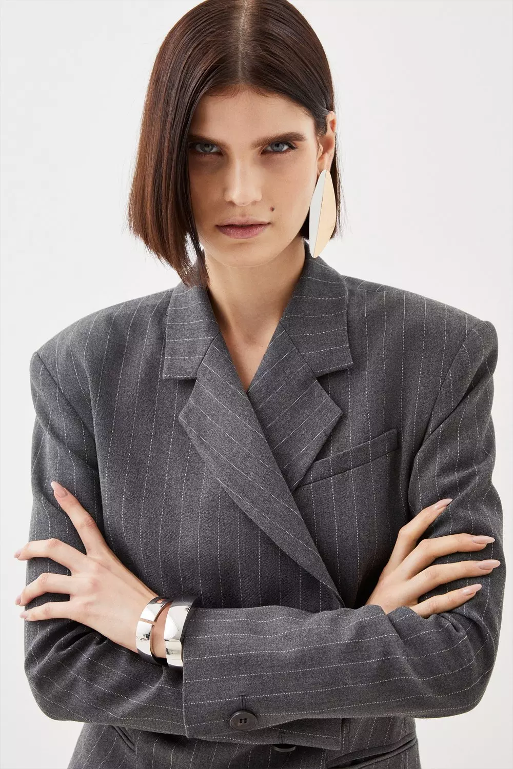 Grey Tailored Compact Stretch Pinstripe Single Breasted Blazer Dress  alternative image