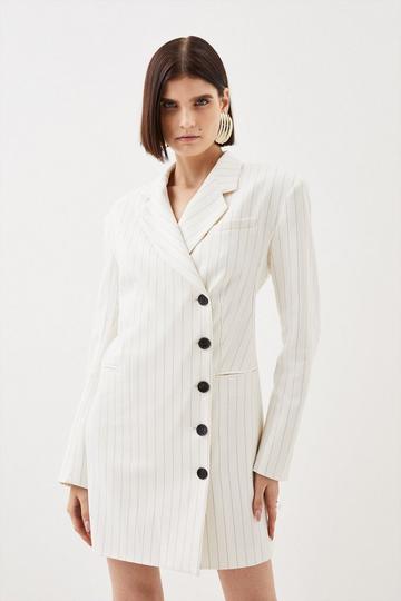 Tailored Compact Stretch Pinstripe Single Breasted Blazer Dress ivory