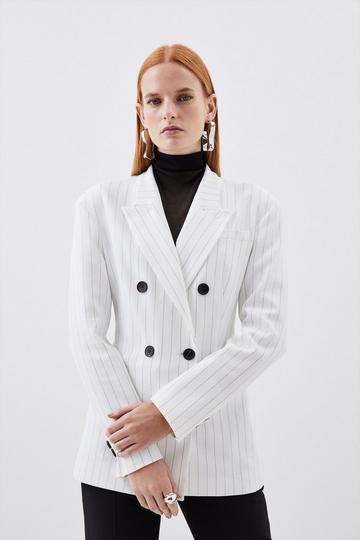 Tailored Compact Stretch Pinstripe Double Breasted Blazer ivory