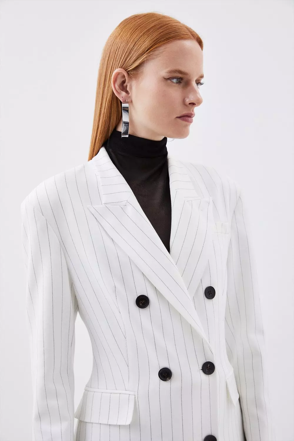Tailored Compact Stretch Pinstripe Double Breasted Blazer