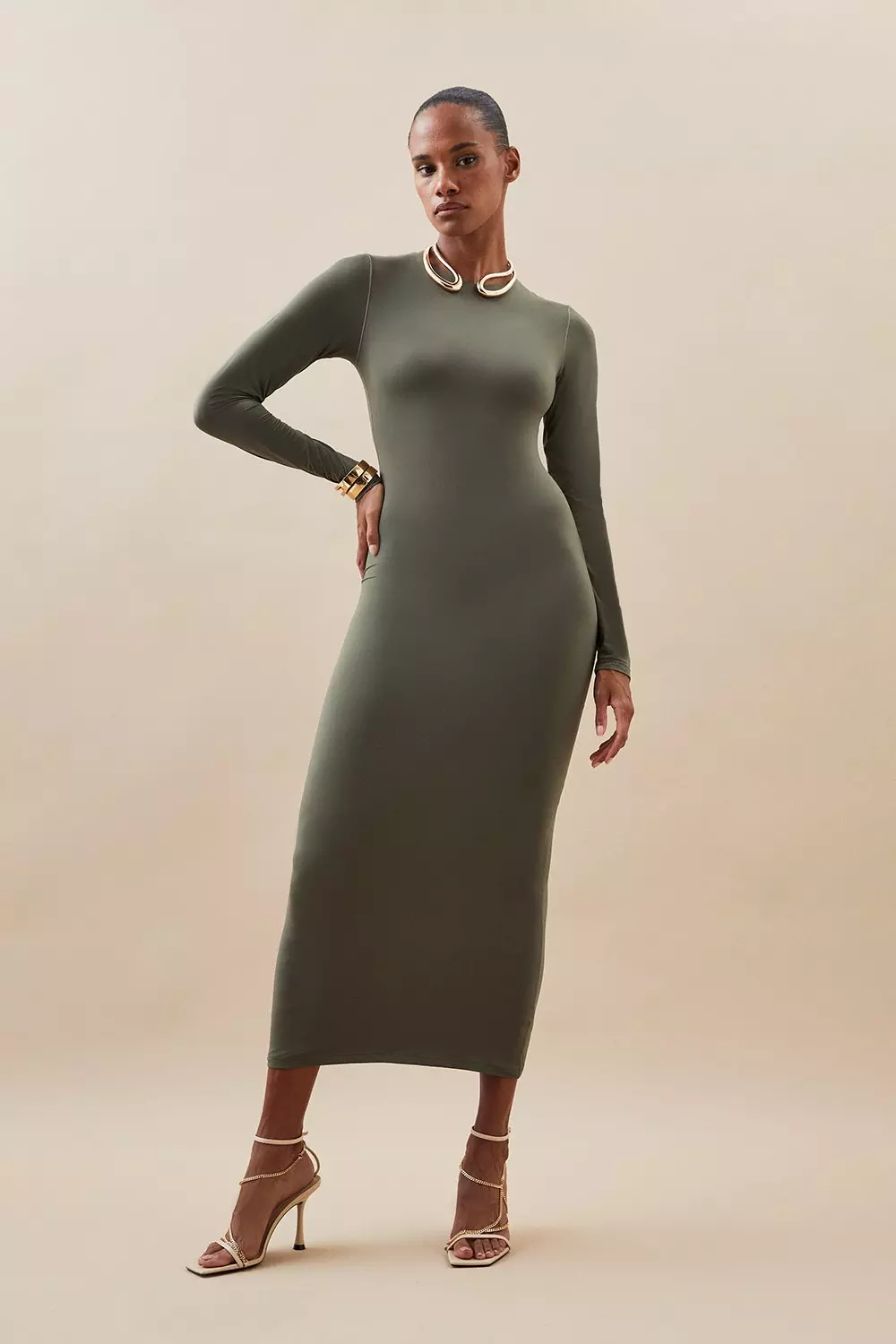 Contour Jersey Long Sleeve Crew Neck Midi Dress Karen Millen