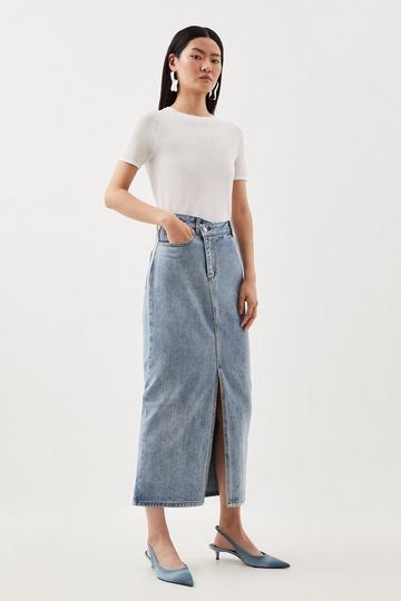 Ash Grey Denim Asymmetric Waistband Detail Maxi Skirt