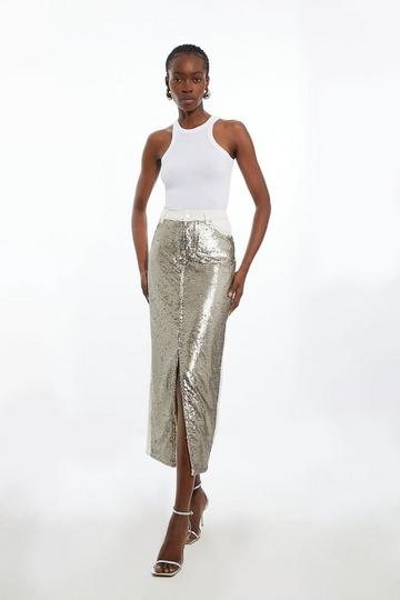 Denim & Sequin Maxi Skirt ivory