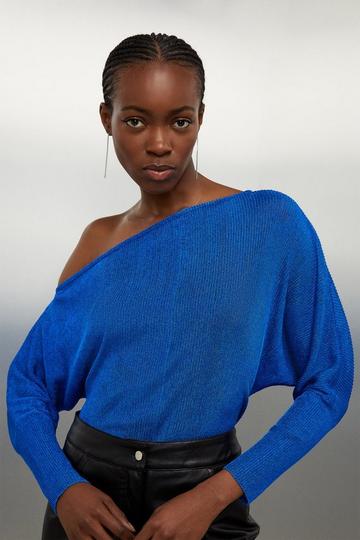 Viscose Blend Metallic Sparkle Knit Drop Shoulder Top cobalt