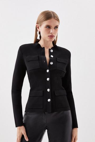Black Premium Viscose Blend Body Contouring Button Front Knit Jacket