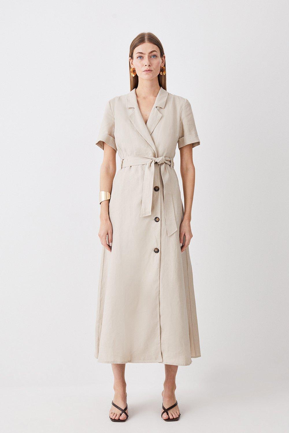 Petite Tailored Linen Belted Midi Dress | Karen Millen