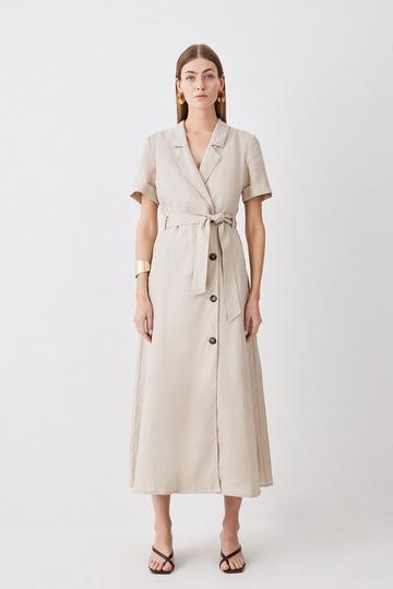 Petite Tailored Linen Belted Midi Dress stone