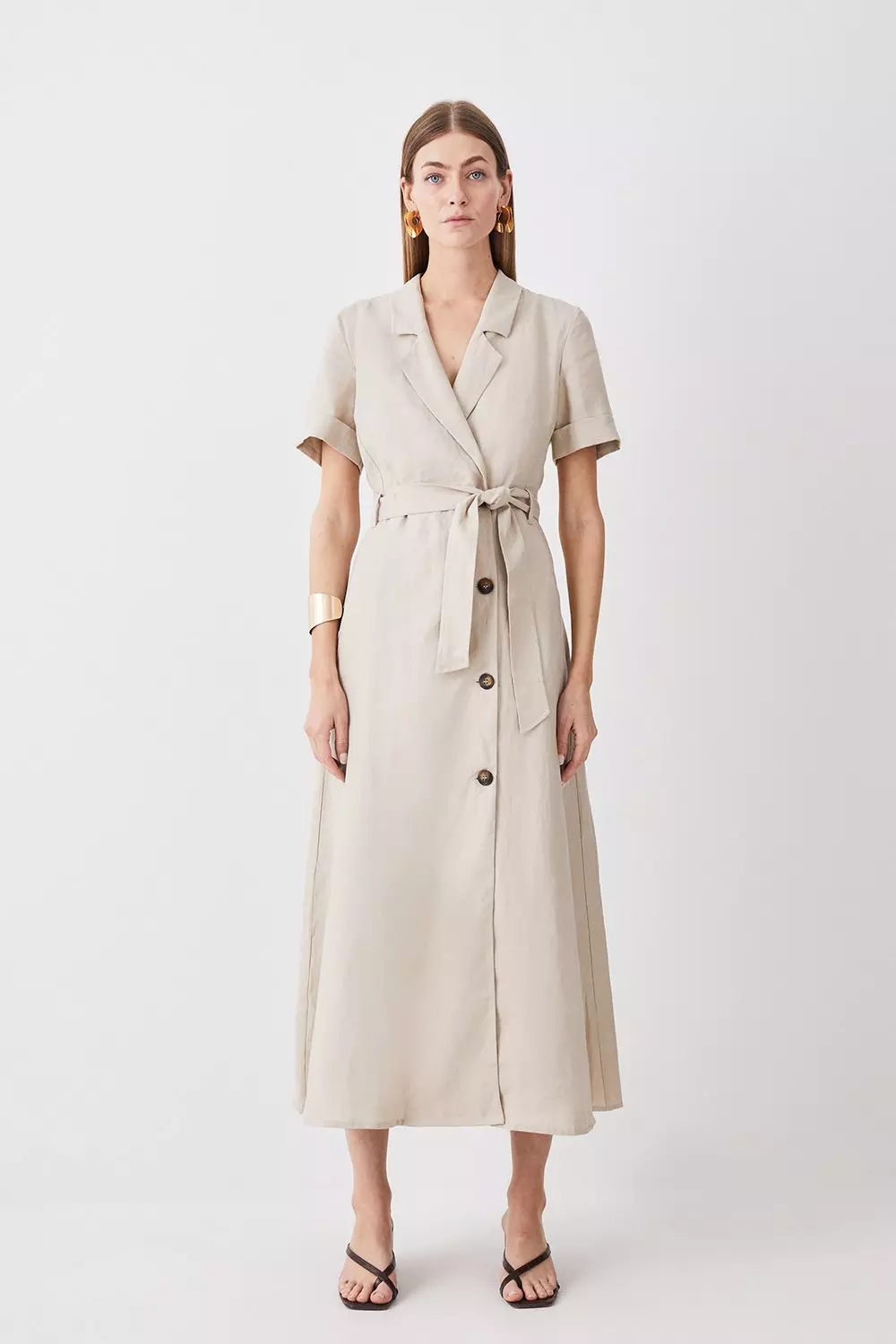 Petite Tailored Linen Belted Midi Dress Karen Millen