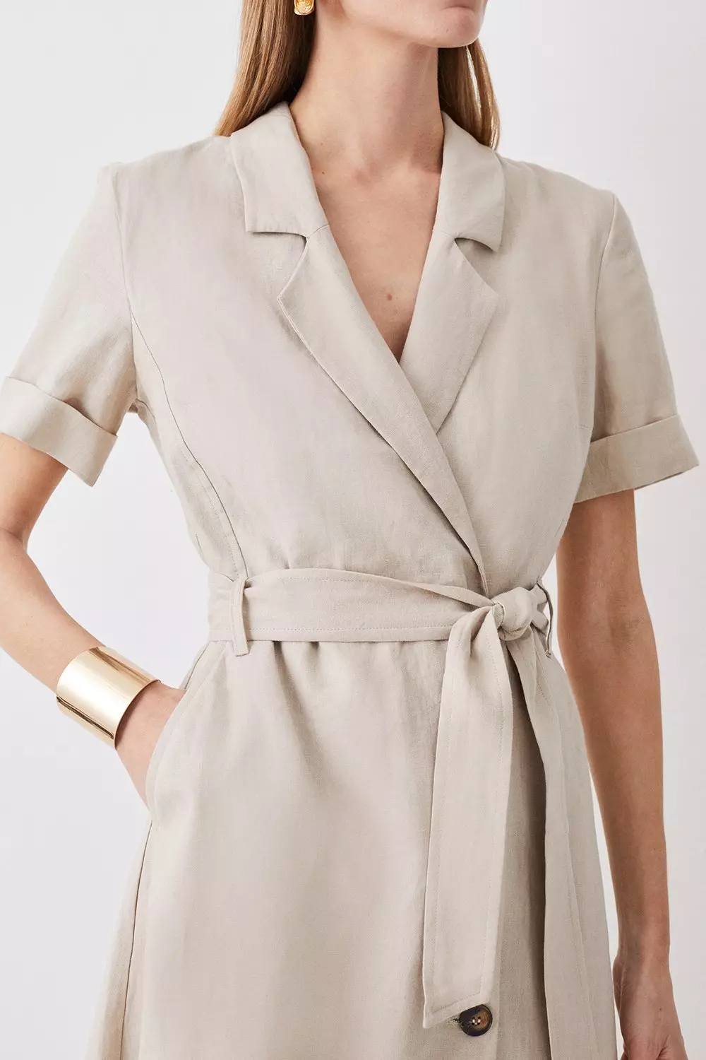 Petite Tailored Linen Belted Midi Dress | Karen Millen