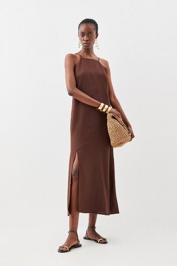 Tailored Linen Slit Detail Strappy Maxi Dress chocolate