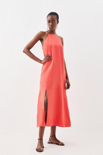 Tailored Linen Slit Detail Strappy Maxi Dress coral