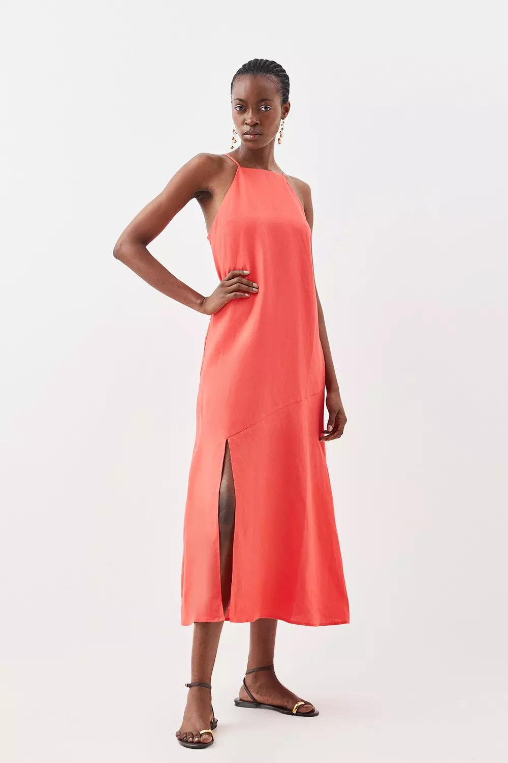 Tailored Linen Slit Detail Strappy Maxi Dress Karen Millen