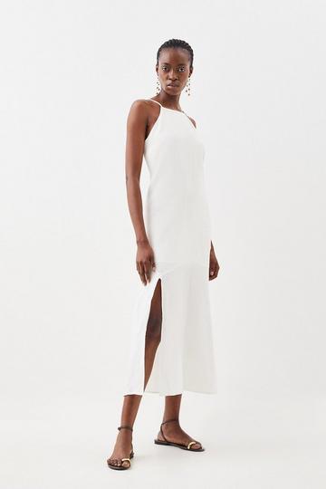 Tailored Linen Slit Detail Strappy Maxi Dress ivory