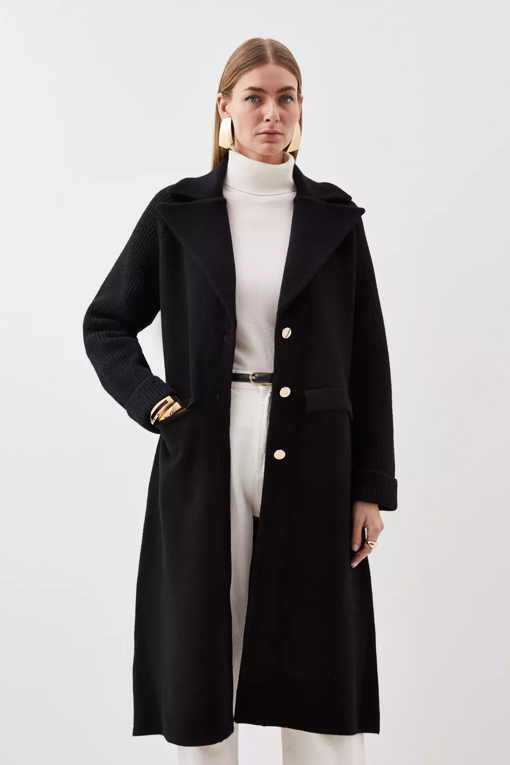 Compact Wool Blend Knit Sleeve Coat Karen Millen