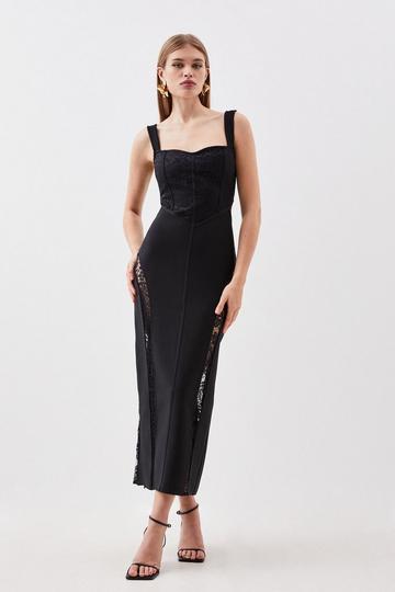 Black Bandage Figure Form Knit Lace Corset Detail Midaxi Dress