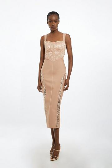 Bandage Figure Form Knit Lace Corset Detail Maxi Dress nude