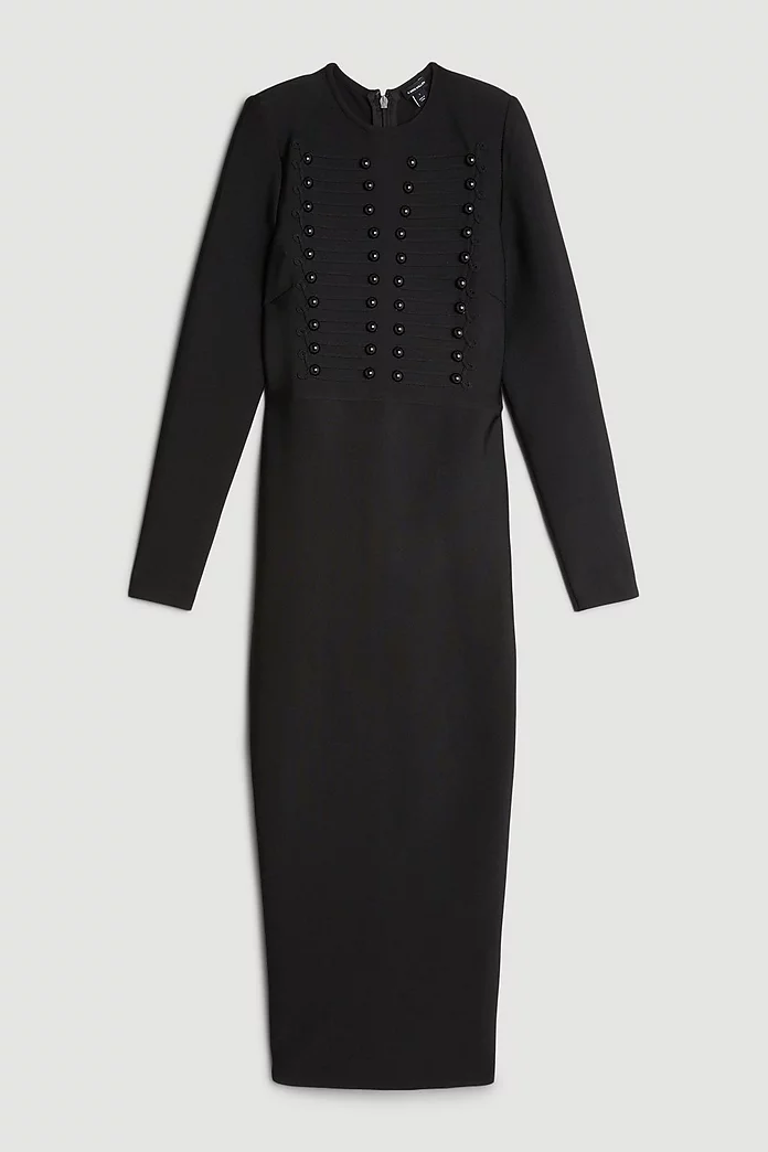 Bandage Figure Form Military Detail Knit Maxi Dress | Karen Bandage Figure Form Military Detail Knit Maxi Dress | Karen