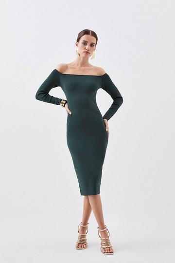 Green Petite Premium Viscose Blend Body Contouring Off The Shoulder Knit Midi Dress