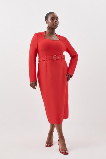 Red Plus Size Bandage Figure Form Knit Belted Midi Dress