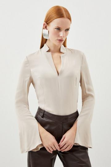 Satin Notch Neck Woven Blouse neutral