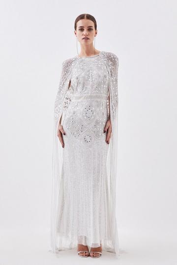 Petite Premium Embellished Caped Woven Maxi Dress silver