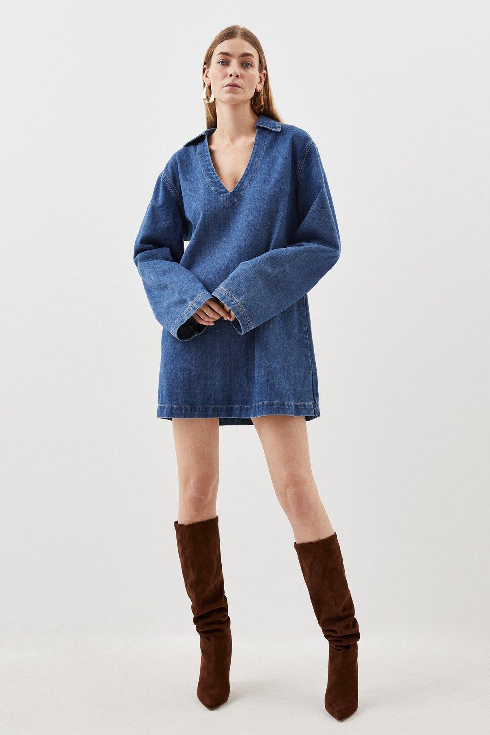 Denim Long Sleeve Mini Smock Dress | Karen Millen