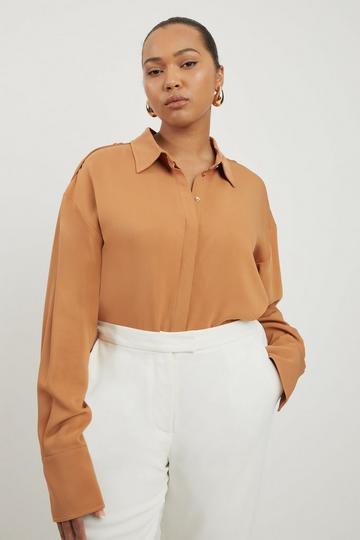 Plus Size Viscose Crepe Long Sleeve Collared Shirt neutral