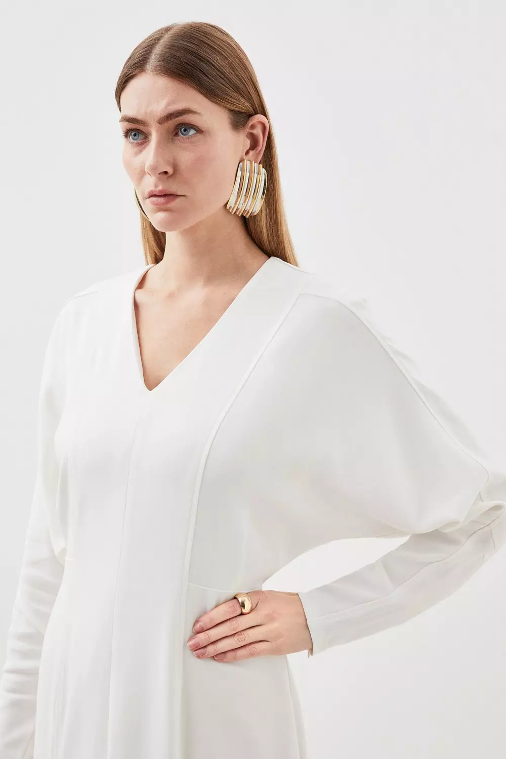 KAREN MILLEN ミディドレス ビジュー Vネック ブレザー 長袖 Petite Premium Viscose Crepe V Neck Long Sleeve Woven Midi