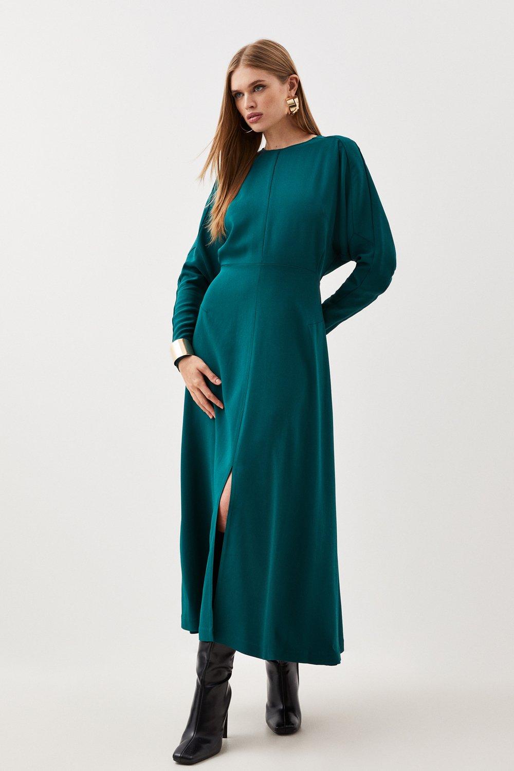 Tall Premium Woven Viscose Crepe Long Sleeve Midi Dress | Karen Millen