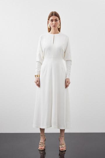 Tall Premium Woven Viscose Crepe Long Sleeve Midi Dress ivory