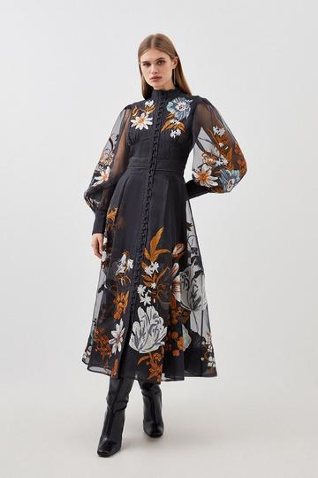 Black Petite Premium Embroidered Beaded Organdie Woven Maxi Dress