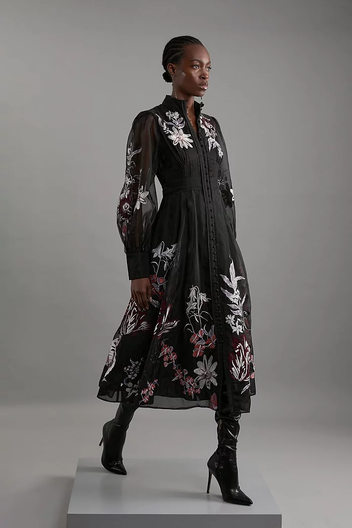 Petite Premium Embroidered Beaded Organdie Woven Maxi Dress Petite Premium Embroidered Beaded Organdie Woven Maxi Dress