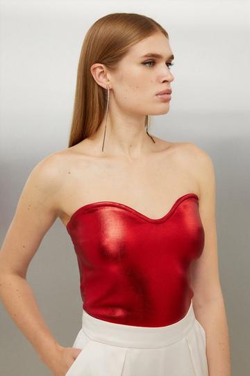 Red Figure Form Foiled Bandage Knit Tube Top