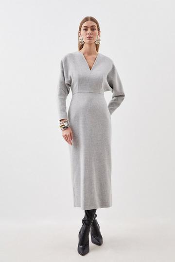 Grey Tailored Wool Blend Rounded Sleeve Double Faced Midi Dress