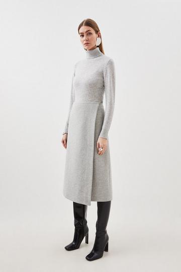 Tailored Wool Blend Double Faced Wrap Detail Midi Skirt pale grey