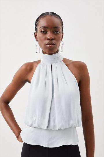 Viscose Satin Woven Halter Neck Top pale blue