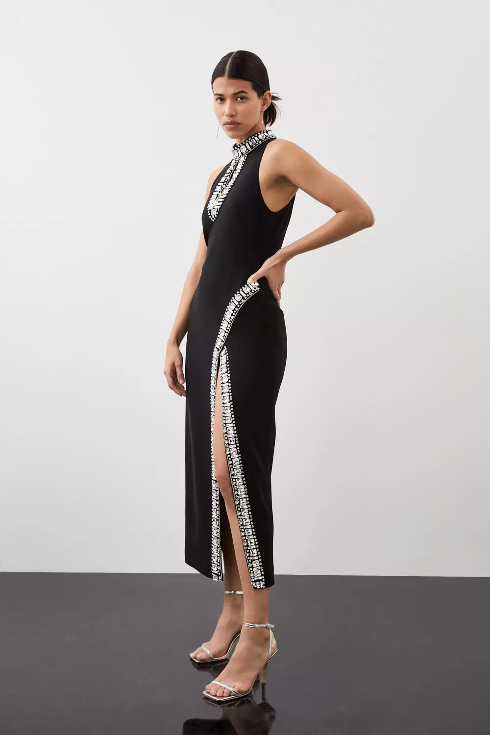 Crystal Embellished Woven Thigh Split Midi Dress | Karen Millen