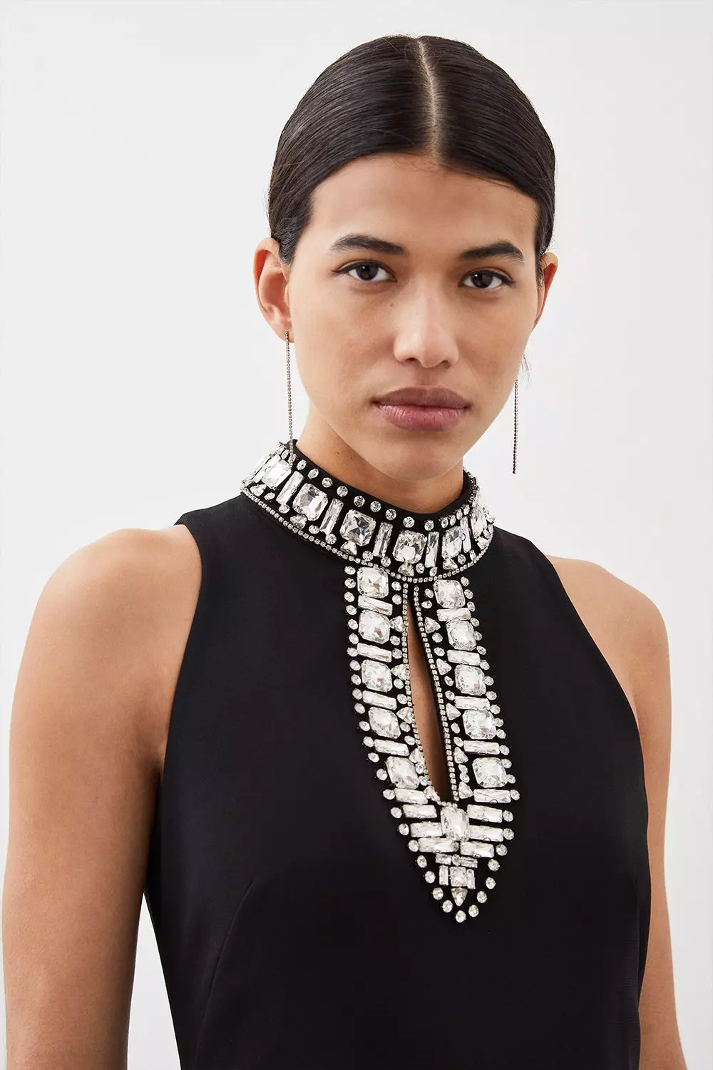 Black Crystal Embellished Woven Thigh Split Midi Dress alternative image