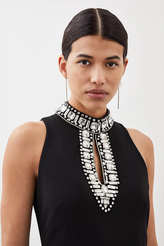 Crystal Embellished Woven Thigh Split Midi Dress | Karen Millen Crystal Embellished Woven Thigh Split Midi Dress | Karen Millen
